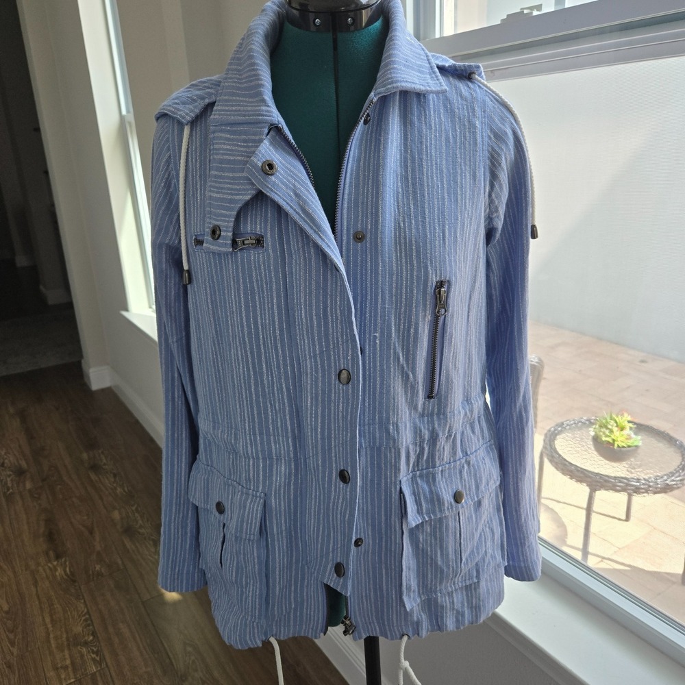 Joie Hooded Jacket Women Small Blue Linen Nautical Military Chic 3219-4444A